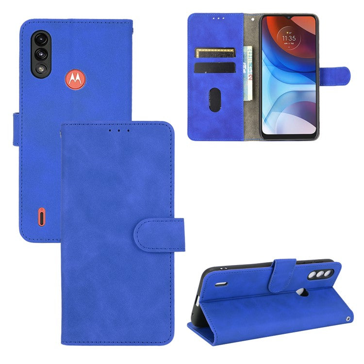 Skin-touch Folio Flip Leather Protective Shell for Motorola Moto E7 Power/Moto E7i Power 2021 Wallet Stand Cover - Blue