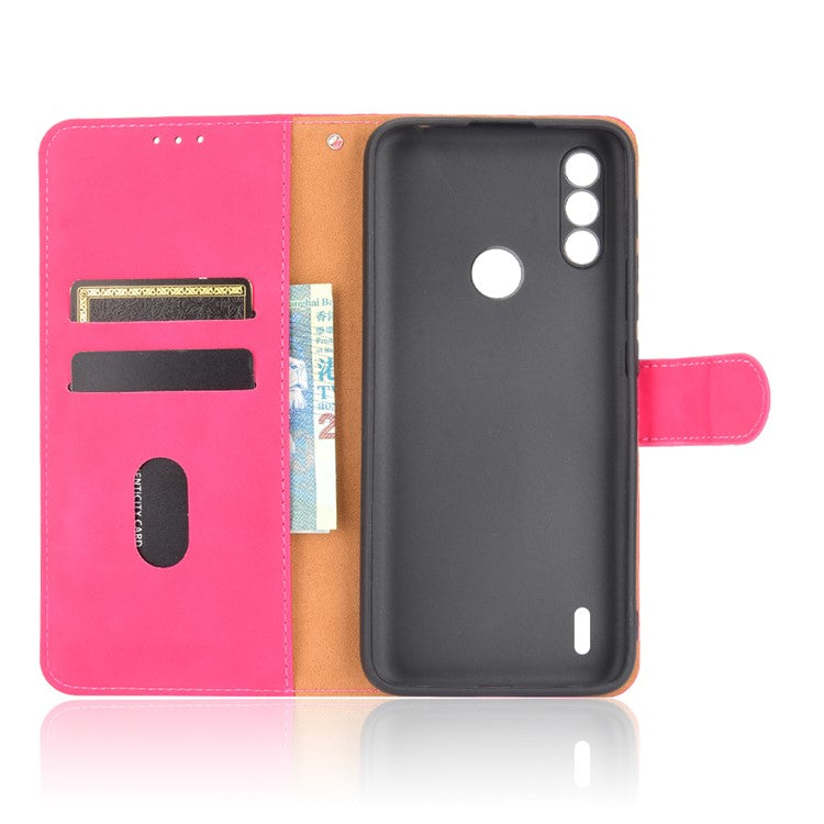 Skin-touch Folio Flip Leather Protective Shell for Motorola Moto E7 Power/Moto E7i Power 2021 Wallet Stand Cover - Rose