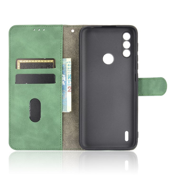 Skin-touch Folio Flip Leather Protective Shell for Motorola Moto E7 Power/Moto E7i Power 2021 Wallet Stand Cover - Green