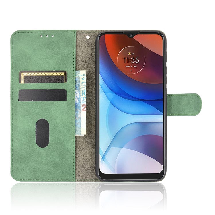Skin-touch Folio Flip Leather Protective Shell for Motorola Moto E7 Power/Moto E7i Power 2021 Wallet Stand Cover - Green