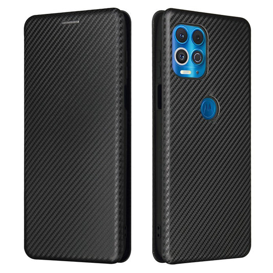 Auto-absorbed Stand Carbon Fiber Texture Leather Shell Cover for Motorola Edge S / Moto G100 - Black