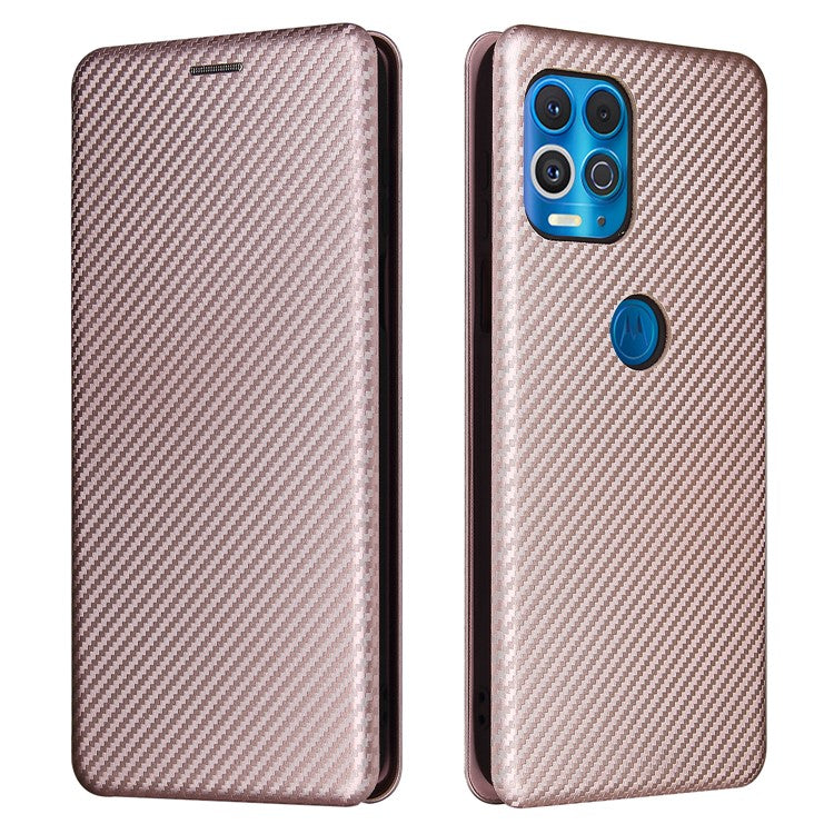 Auto-absorbed Stand Carbon Fiber Texture Leather Shell Cover for Motorola Edge S / Moto G100 - Gold