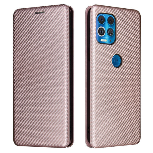 Auto-absorbed Stand Carbon Fiber Texture Leather Shell Cover for Motorola Edge S / Moto G100 - Gold