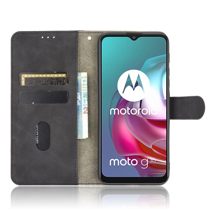 Silky Touch Leather Wallet Stand Shell Cover for Motorola Moto G30/G20 / G10 - Black