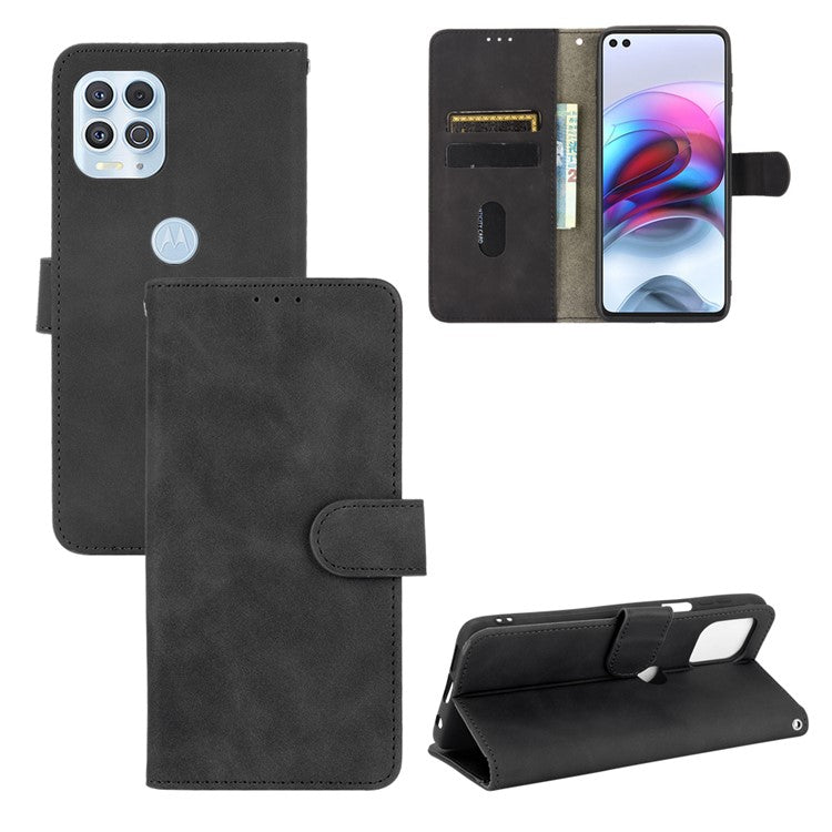 Skin-touch Folio Flip Leather Protective Shell for Motorola Edge S / Moto G100 Wallet Stand Cover - Black