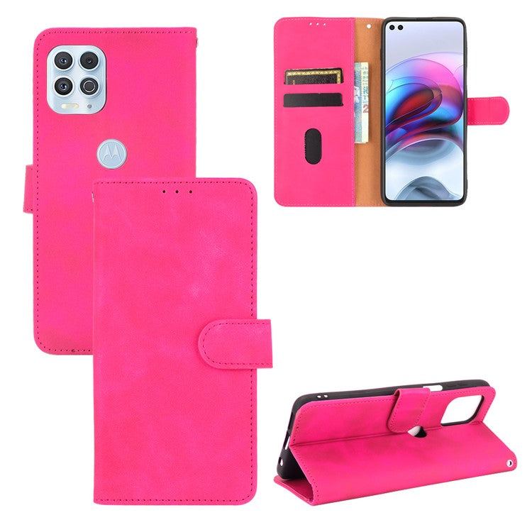 Skin-touch Folio Flip Leather Protective Shell for Motorola Edge S / Moto G100 Wallet Stand Cover - Rose
