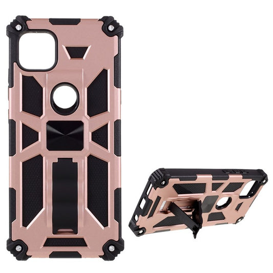 Armor Shockproof Kickstand PC TPU Phone Case with Magnetic Metal Sheet for Motorola One 5G Ace - Rose Gold