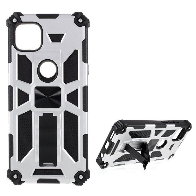 Armor Shockproof Kickstand PC TPU Phone Case with Magnetic Metal Sheet for Motorola One 5G Ace - Silver