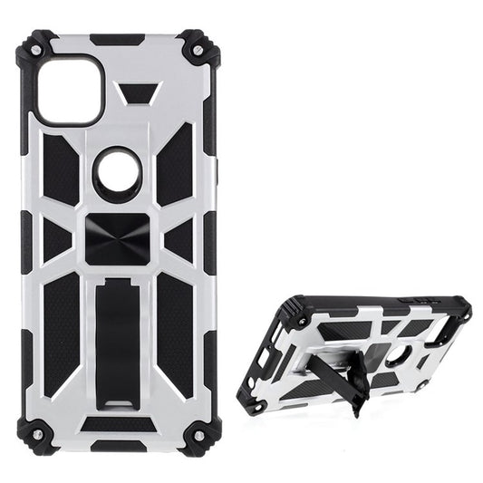 Armor Shockproof Kickstand PC TPU Phone Case with Magnetic Metal Sheet for Motorola One 5G Ace - Silver