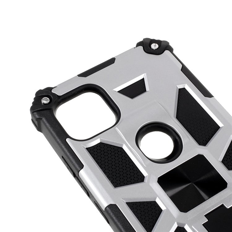 Armor Shockproof Kickstand PC TPU Phone Case with Magnetic Metal Sheet for Motorola One 5G Ace - Silver