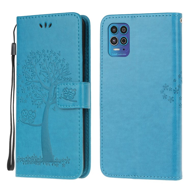 Tree Owl Pattern Imprint Inside and Outside Leather Stylish Case with Wallet Design for Motorola Moto G100/Edge S - Blue