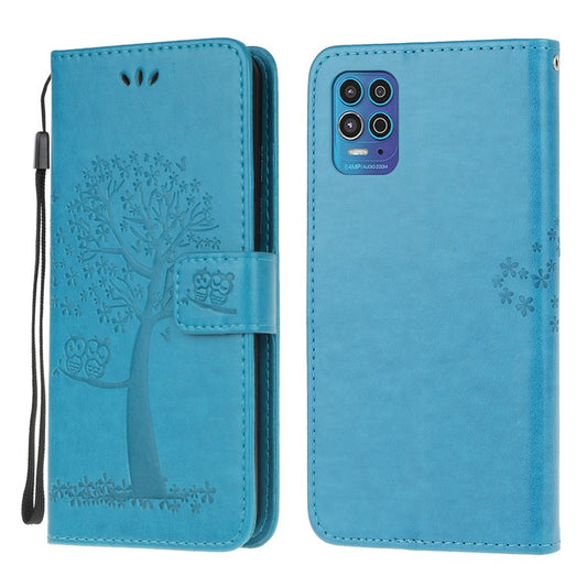 Tree Owl Pattern Imprint Inside and Outside Leather Stylish Case with Wallet Design for Motorola Moto G100/Edge S - Blue