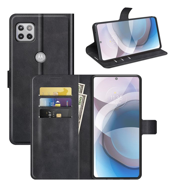 Wallet Design Stand Leather Phone Case Shell for Motorola One 5G Ace - Black