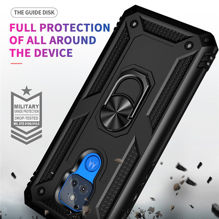 Anti-Fall Hybrid PC + TPU + Metal Phone Case Cover with Finger Ring Kickstand for Motorola Moto G Play (2021) - Black