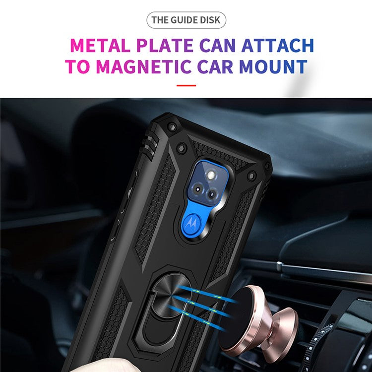 Anti-Fall Hybrid PC + TPU + Metal Phone Case Cover with Finger Ring Kickstand for Motorola Moto G Play (2021) - Black