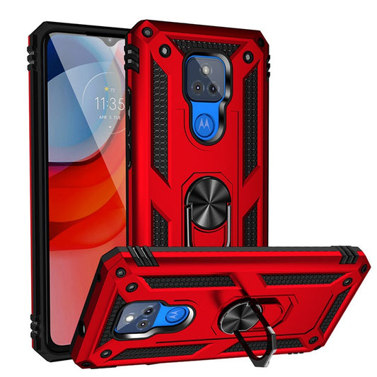 Anti-Fall Hybrid PC + TPU + Metal Phone Case Cover with Finger Ring Kickstand for Motorola Moto G Play (2021) - Red