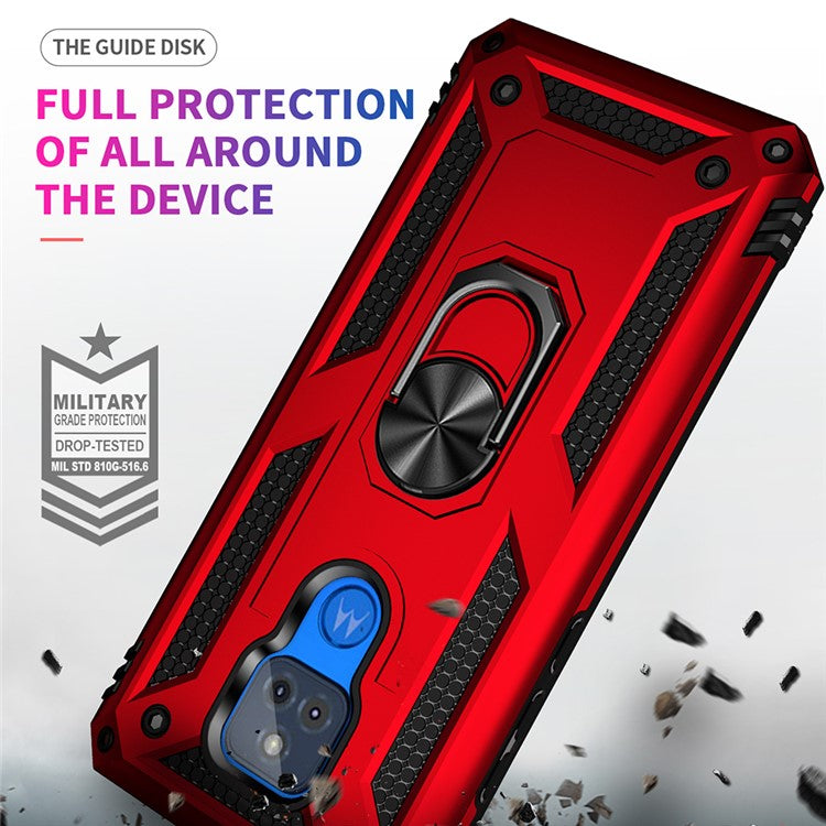Anti-Fall Hybrid PC + TPU + Metal Phone Case Cover with Finger Ring Kickstand for Motorola Moto G Play (2021) - Red