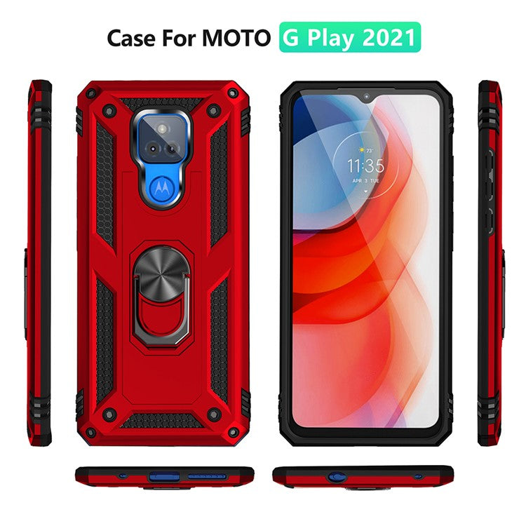 Anti-Fall Hybrid PC + TPU + Metal Phone Case Cover with Finger Ring Kickstand for Motorola Moto G Play (2021) - Red