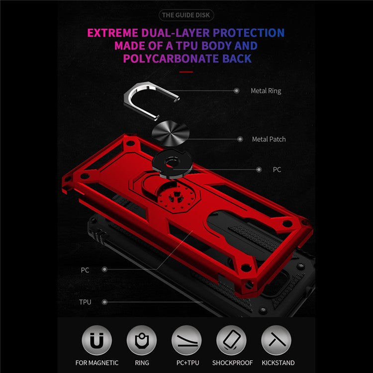 Anti-Fall Hybrid PC + TPU + Metal Phone Case Cover with Finger Ring Kickstand for Motorola Moto G Play (2021) - Red