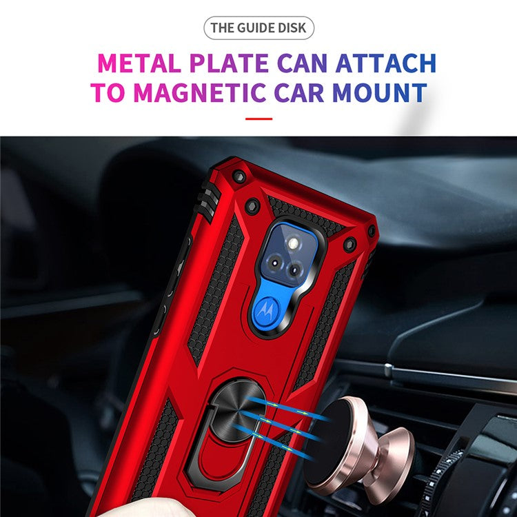 Anti-Fall Hybrid PC + TPU + Metal Phone Case Cover with Finger Ring Kickstand for Motorola Moto G Play (2021) - Red