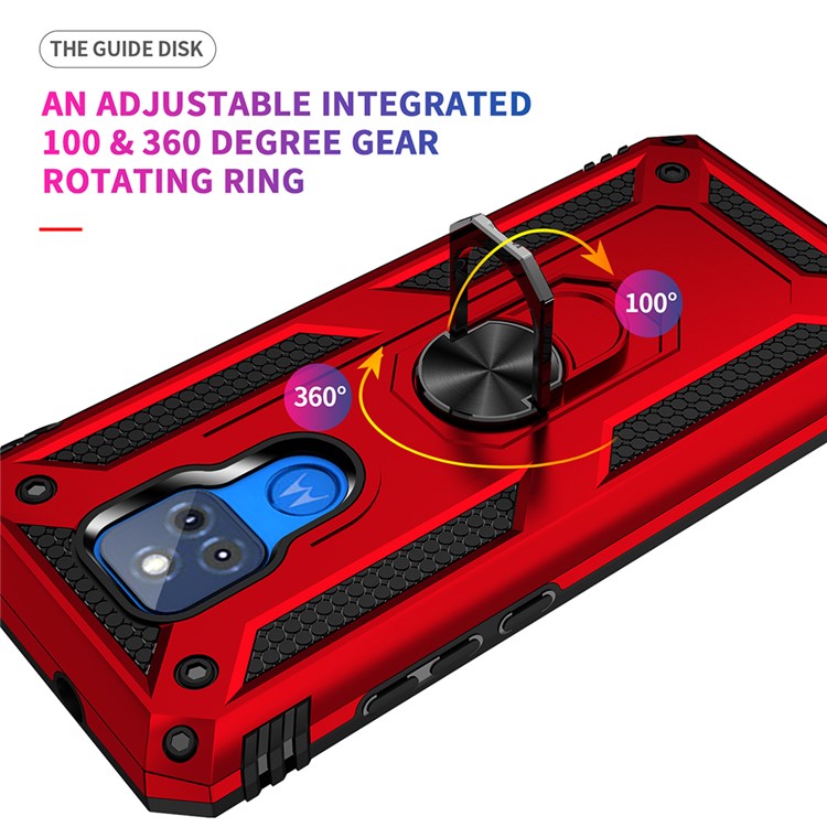 Anti-Fall Hybrid PC + TPU + Metal Phone Case Cover with Finger Ring Kickstand for Motorola Moto G Play (2021) - Red