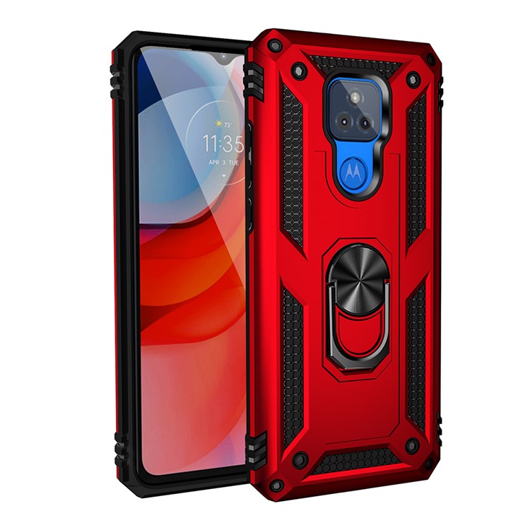 Anti-Fall Hybrid PC + TPU + Metal Phone Case Cover with Finger Ring Kickstand for Motorola Moto G Play (2021) - Red