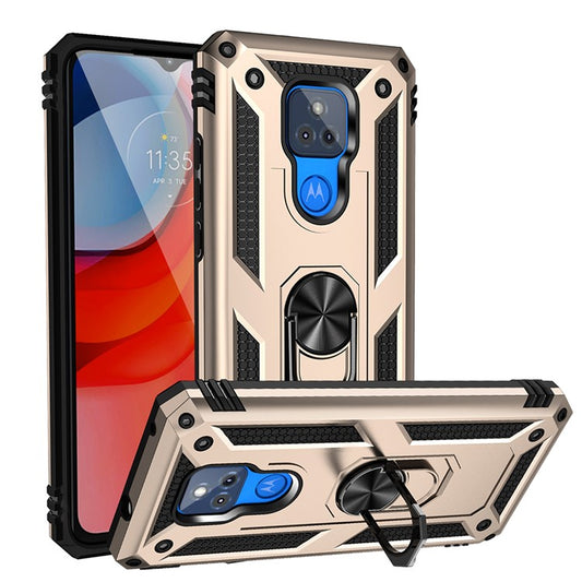 Anti-Fall Hybrid PC + TPU + Metal Phone Case Cover with Finger Ring Kickstand for Motorola Moto G Play (2021) - Gold