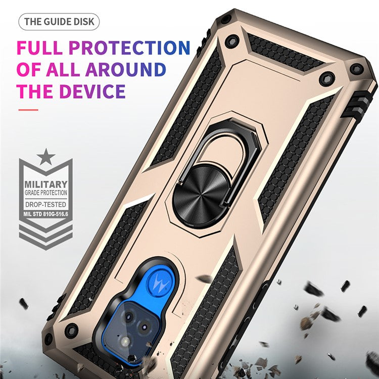 Anti-Fall Hybrid PC + TPU + Metal Phone Case Cover with Finger Ring Kickstand for Motorola Moto G Play (2021) - Gold