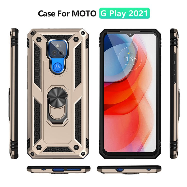 Anti-Fall Hybrid PC + TPU + Metal Phone Case Cover with Finger Ring Kickstand for Motorola Moto G Play (2021) - Gold