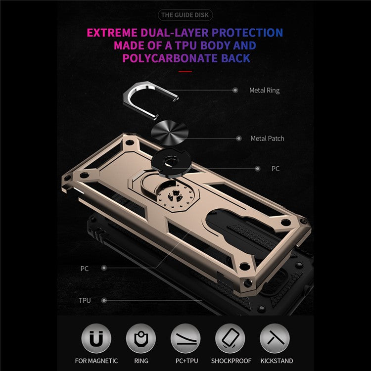 Anti-Fall Hybrid PC + TPU + Metal Phone Case Cover with Finger Ring Kickstand for Motorola Moto G Play (2021) - Gold
