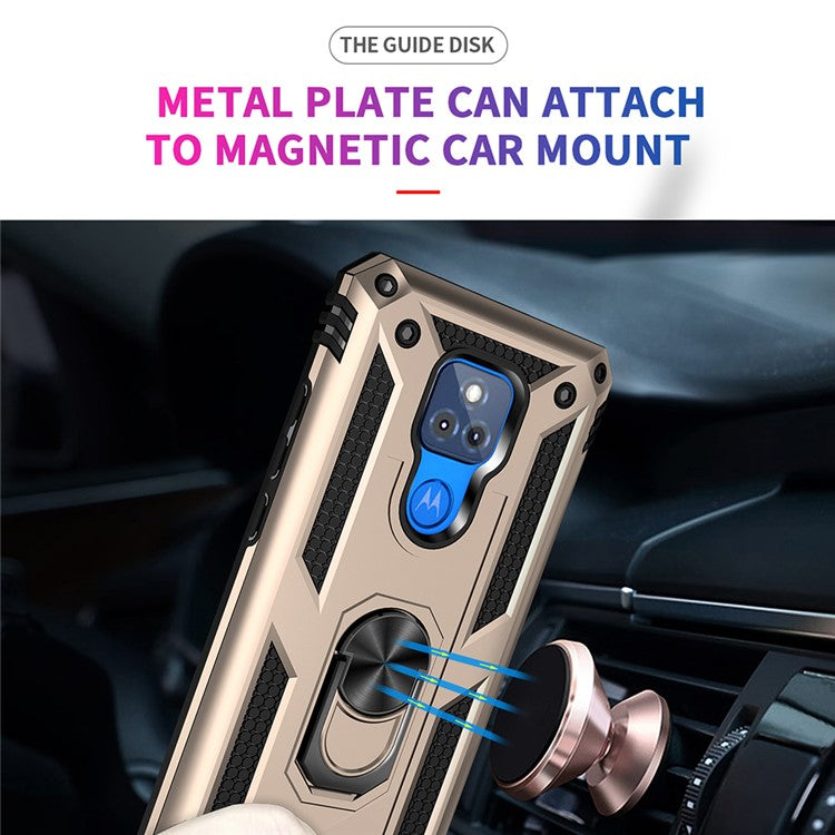 Anti-Fall Hybrid PC + TPU + Metal Phone Case Cover with Finger Ring Kickstand for Motorola Moto G Play (2021) - Gold