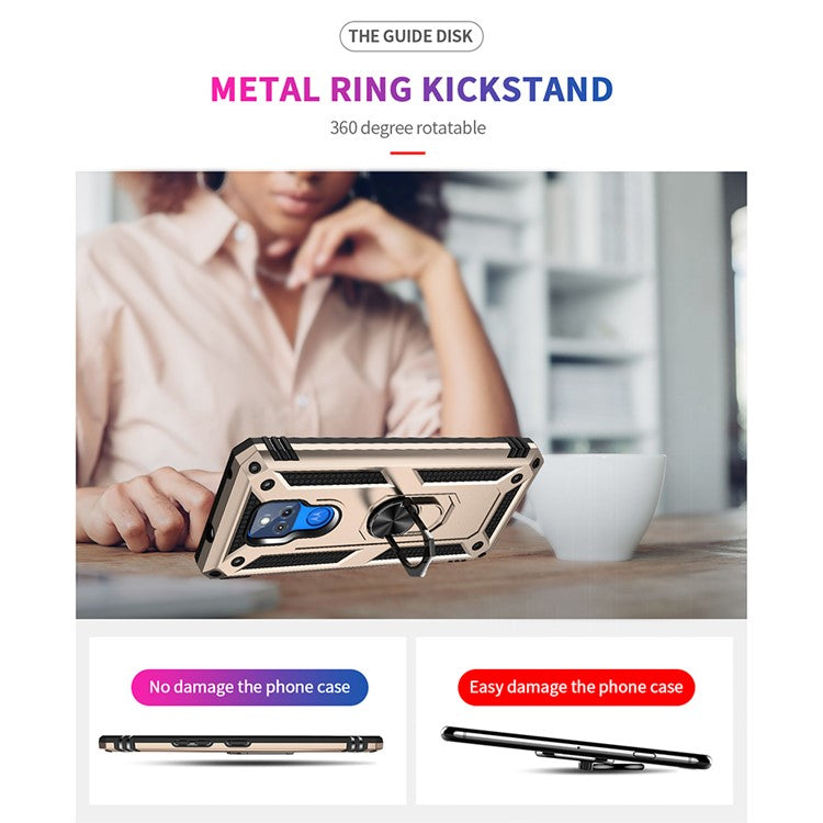 Anti-Fall Hybrid PC + TPU + Metal Phone Case Cover with Finger Ring Kickstand for Motorola Moto G Play (2021) - Gold