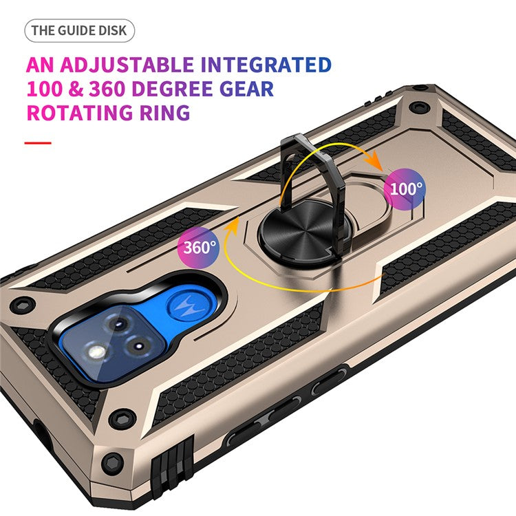 Anti-Fall Hybrid PC + TPU + Metal Phone Case Cover with Finger Ring Kickstand for Motorola Moto G Play (2021) - Gold
