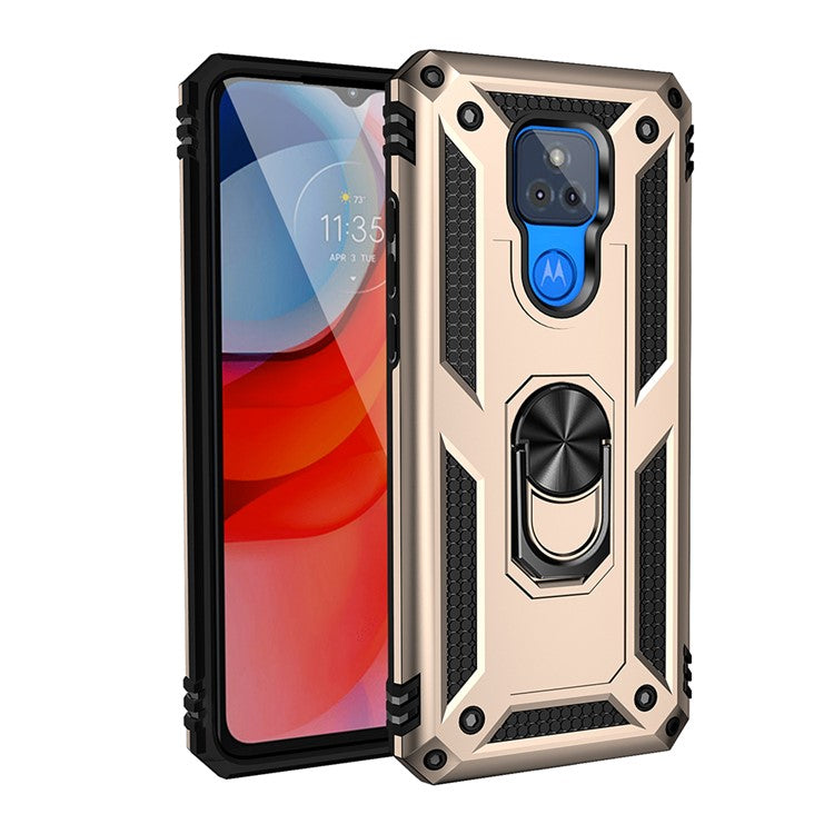 Anti-Fall Hybrid PC + TPU + Metal Phone Case Cover with Finger Ring Kickstand for Motorola Moto G Play (2021) - Gold