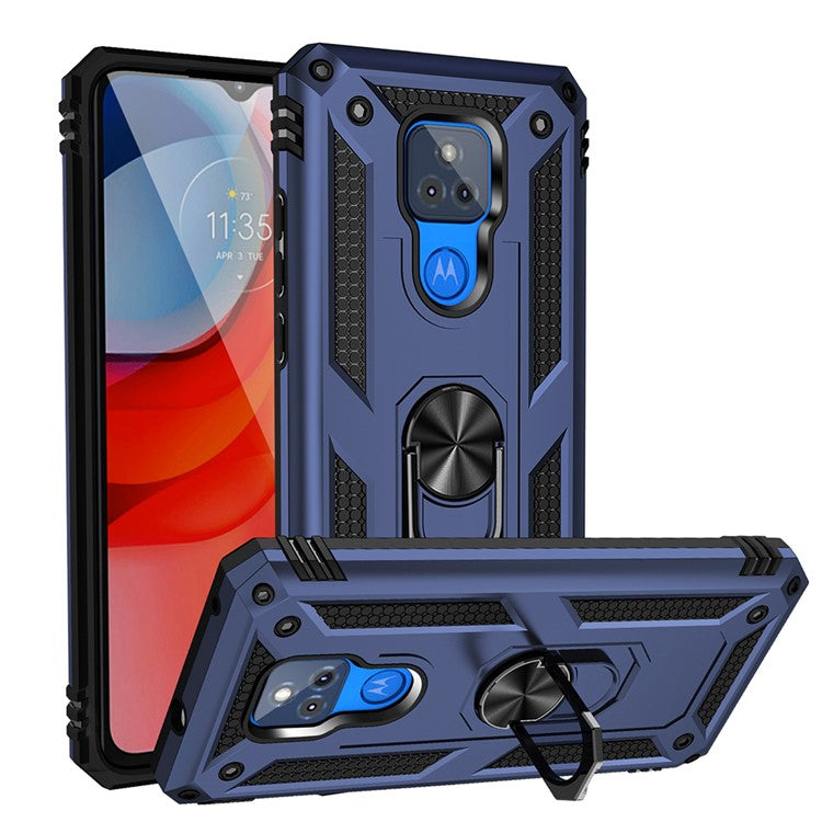Anti-Fall Hybrid PC + TPU + Metal Phone Case Cover with Finger Ring Kickstand for Motorola Moto G Play (2021) - Blue
