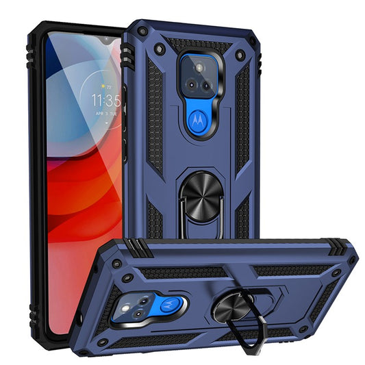 Anti-Fall Hybrid PC + TPU + Metal Phone Case Cover with Finger Ring Kickstand for Motorola Moto G Play (2021) - Blue