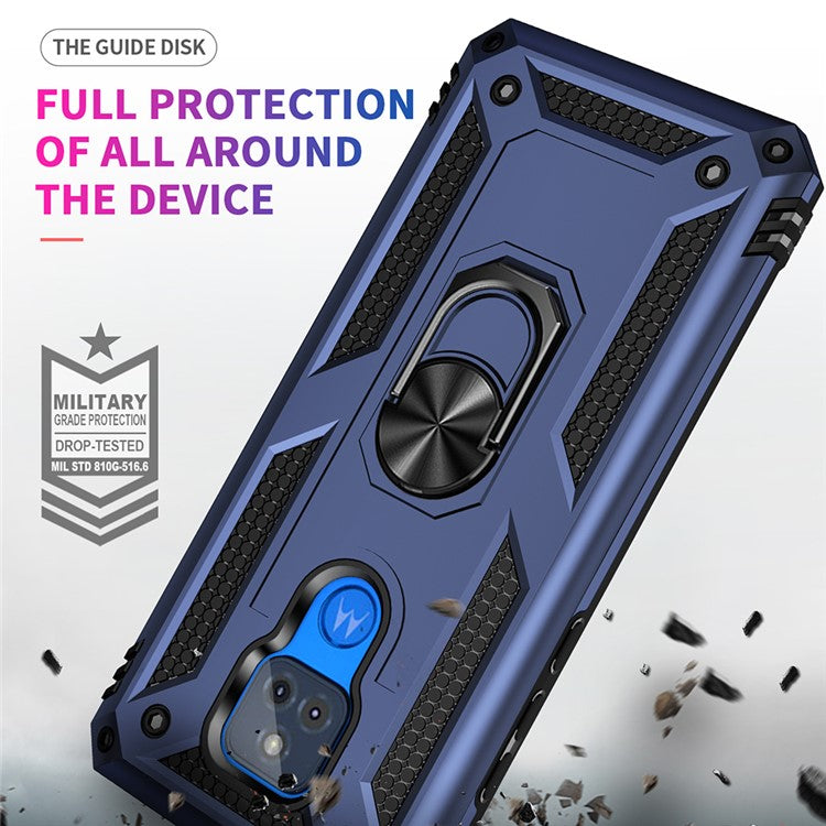 Anti-Fall Hybrid PC + TPU + Metal Phone Case Cover with Finger Ring Kickstand for Motorola Moto G Play (2021) - Blue