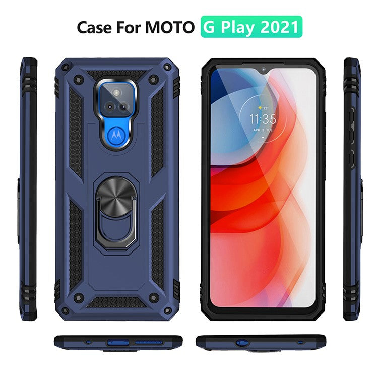 Anti-Fall Hybrid PC + TPU + Metal Phone Case Cover with Finger Ring Kickstand for Motorola Moto G Play (2021) - Blue
