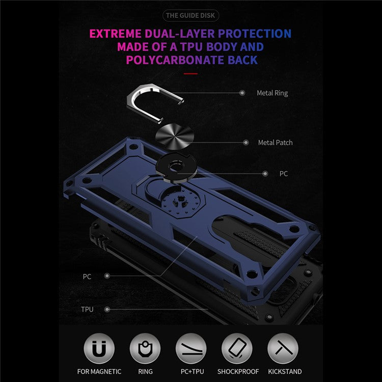 Anti-Fall Hybrid PC + TPU + Metal Phone Case Cover with Finger Ring Kickstand for Motorola Moto G Play (2021) - Blue
