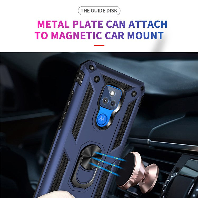 Anti-Fall Hybrid PC + TPU + Metal Phone Case Cover with Finger Ring Kickstand for Motorola Moto G Play (2021) - Blue