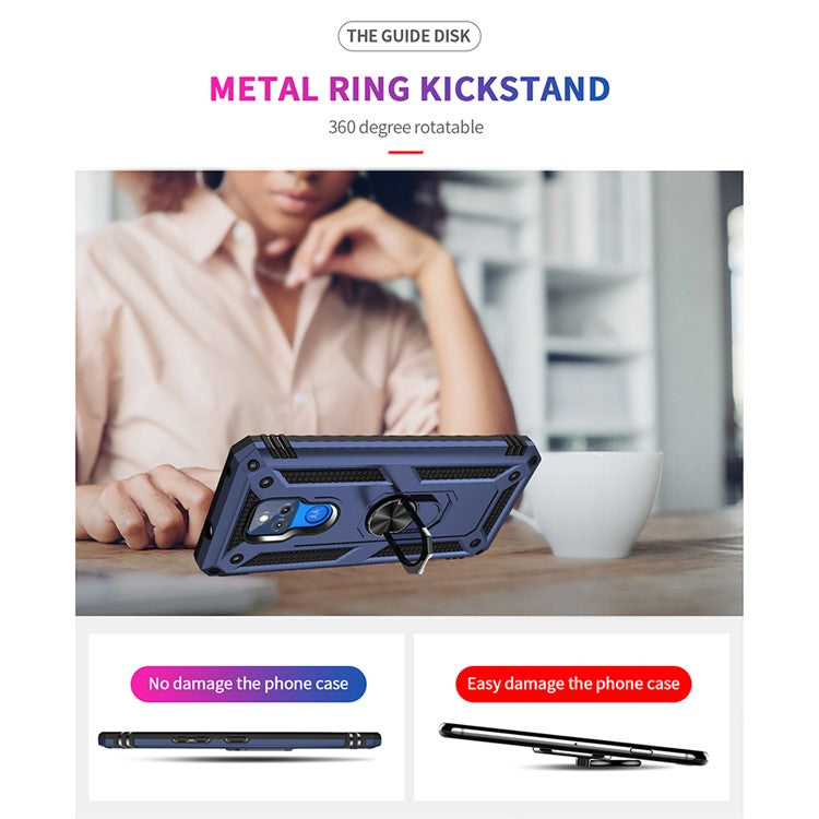 Anti-Fall Hybrid PC + TPU + Metal Phone Case Cover with Finger Ring Kickstand for Motorola Moto G Play (2021) - Blue