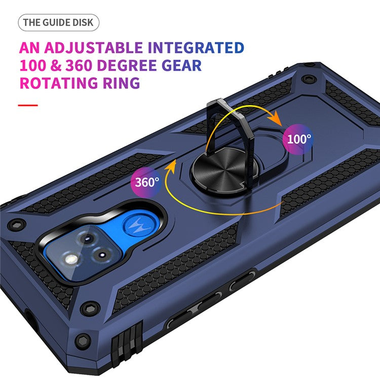 Anti-Fall Hybrid PC + TPU + Metal Phone Case Cover with Finger Ring Kickstand for Motorola Moto G Play (2021) - Blue