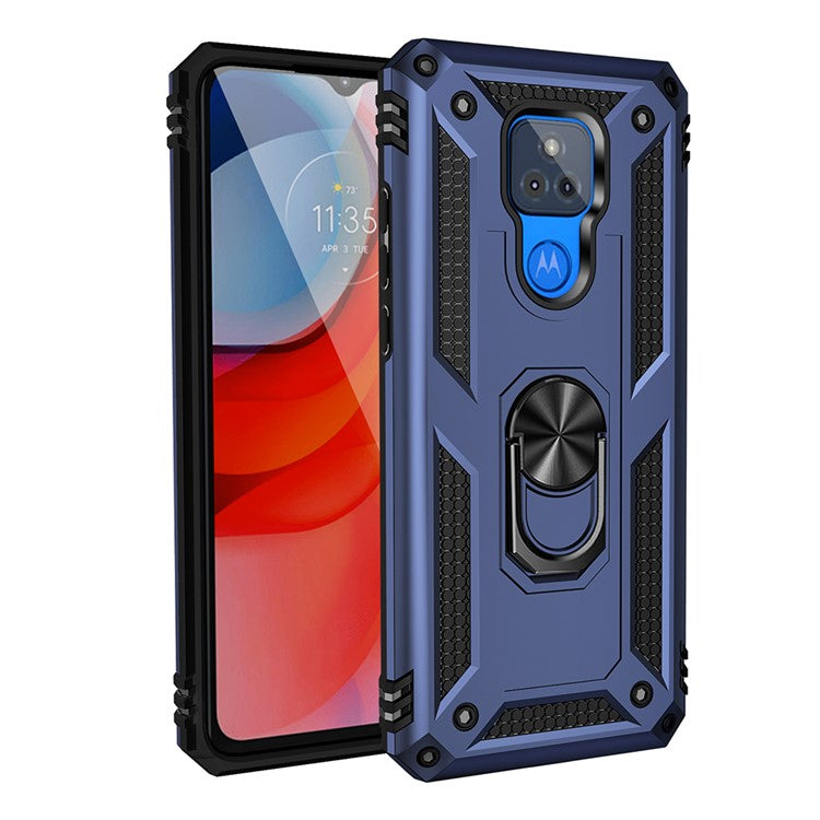 Anti-Fall Hybrid PC + TPU + Metal Phone Case Cover with Finger Ring Kickstand for Motorola Moto G Play (2021) - Blue