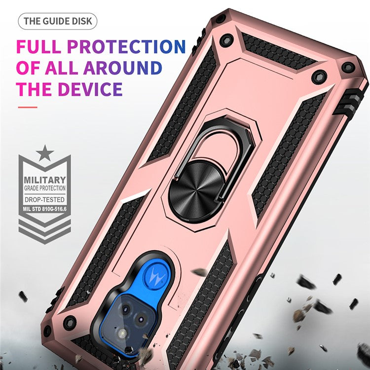 Anti-Fall Hybrid PC + TPU + Metal Phone Case Cover with Finger Ring Kickstand for Motorola Moto G Play (2021) - Rose Gold