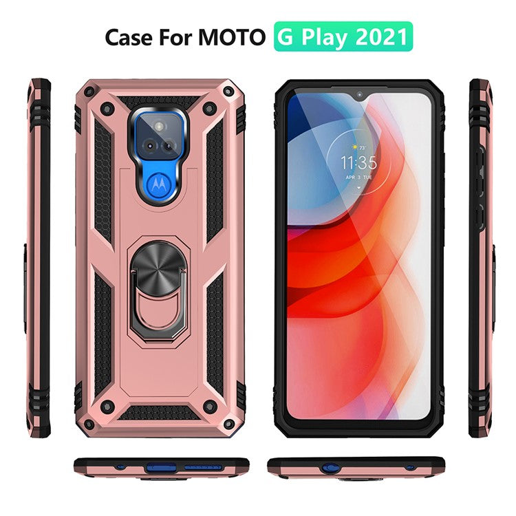 Anti-Fall Hybrid PC + TPU + Metal Phone Case Cover with Finger Ring Kickstand for Motorola Moto G Play (2021) - Rose Gold