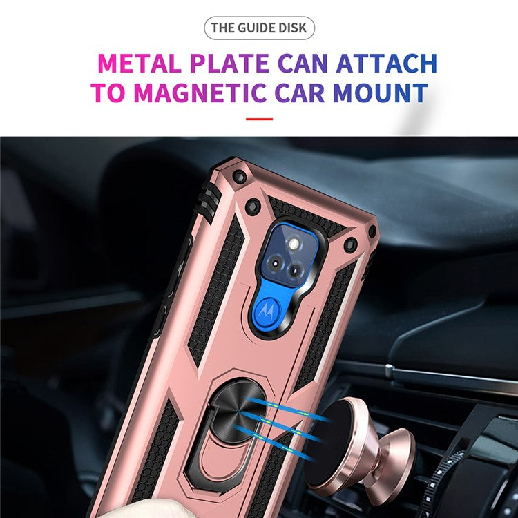 Anti-Fall Hybrid PC + TPU + Metal Phone Case Cover with Finger Ring Kickstand for Motorola Moto G Play (2021) - Rose Gold