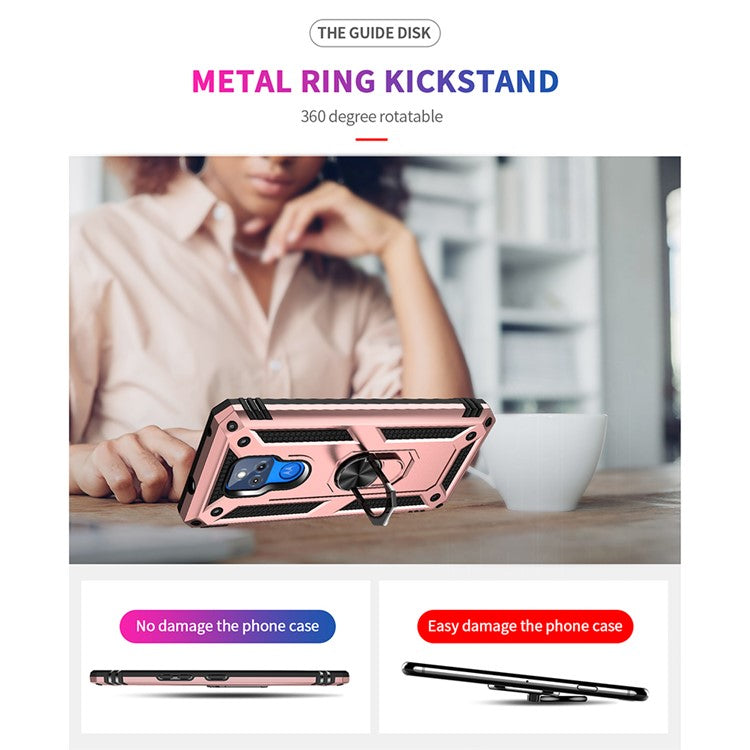 Anti-Fall Hybrid PC + TPU + Metal Phone Case Cover with Finger Ring Kickstand for Motorola Moto G Play (2021) - Rose Gold