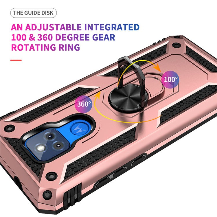 Anti-Fall Hybrid PC + TPU + Metal Phone Case Cover with Finger Ring Kickstand for Motorola Moto G Play (2021) - Rose Gold