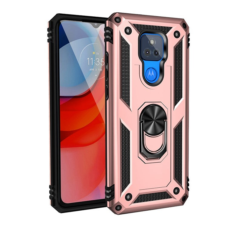 Anti-Fall Hybrid PC + TPU + Metal Phone Case Cover with Finger Ring Kickstand for Motorola Moto G Play (2021) - Rose Gold