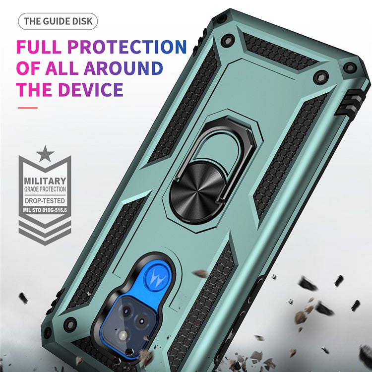 Anti-Fall Hybrid PC + TPU + Metal Phone Case Cover with Finger Ring Kickstand for Motorola Moto G Play (2021) - Blackish Green
